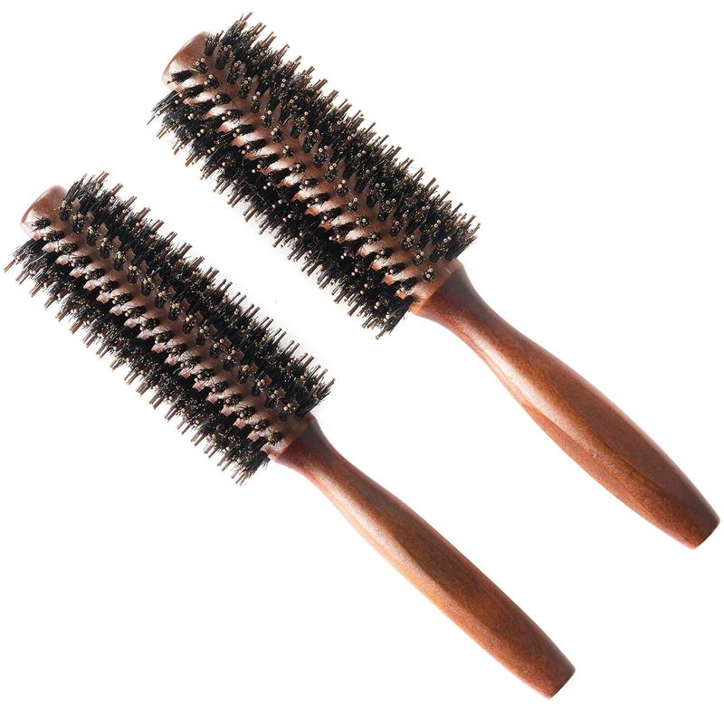 Boar Bristle Round Hair Brush Set with Nylon Pin, Wooden Handle for Straightening Curling Volumizing and Detangling (2 in 1) Haircare Heatless