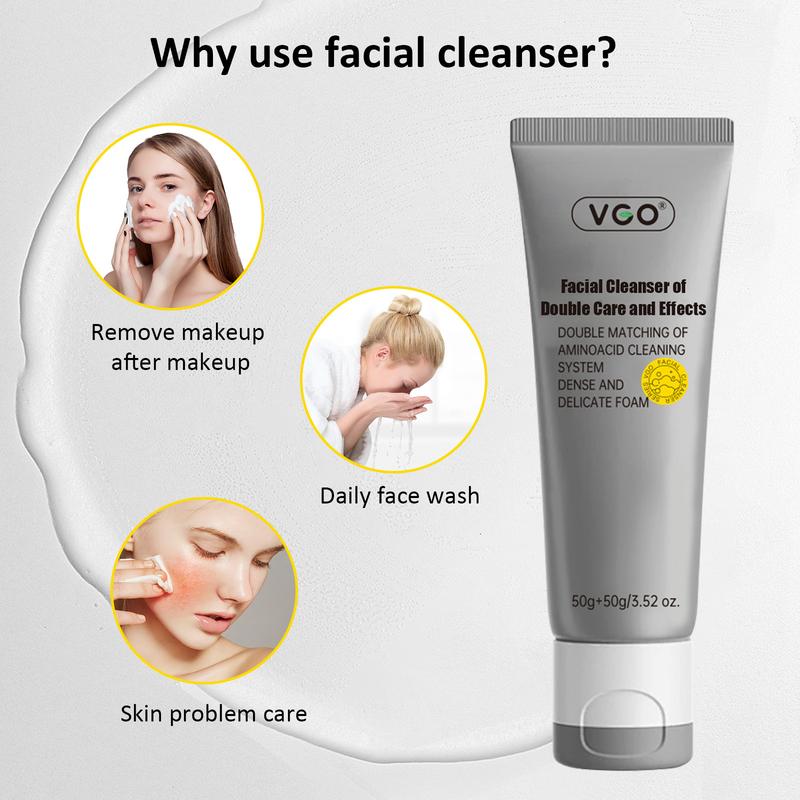 VGO Double Care Facial Cleanser - 50g, Suitable for All Skin Types, Cleanses and Moisturizes for Optimal Skincare Cleansing Gentle Charcoal Coconut-B