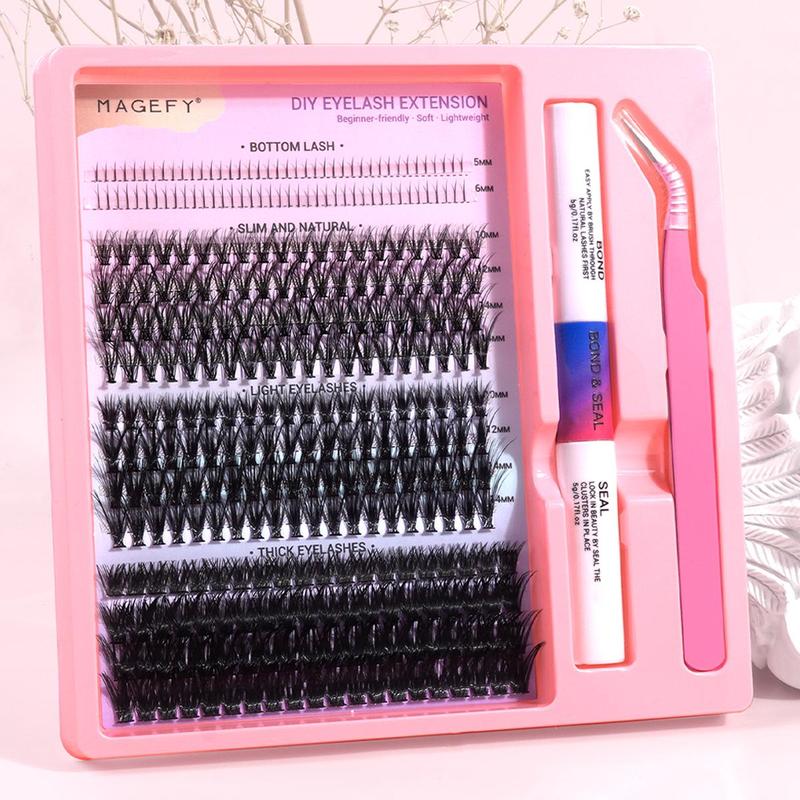 Curl Wispy Mixed Length Individual False Eyelash With Lash Bond & Tweezers Kit, 1 Set Natural Eyelash Extension, Lash Extension Kit, Self Grafting DIY Segmented Eyelash, Lash Clusters