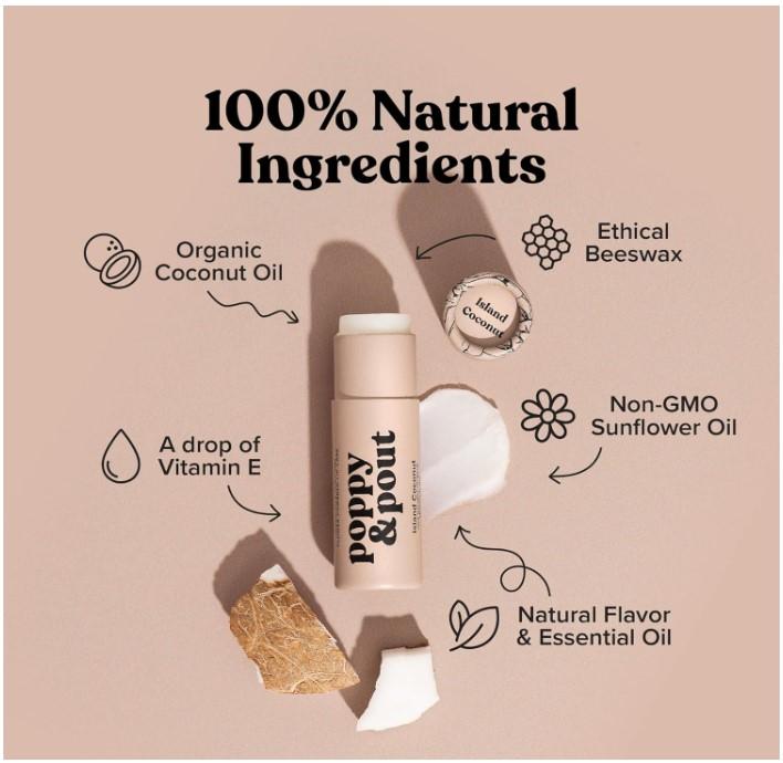 Poppy & Pout Island Coconut Jumbo Lip Balm | All Natural Lip Balms & Moisturizers | Hydrates with Beeswax, Vitamin E, Organic Coconut Oil | Cruelty-Free | Lip Balm in Recyclable Cardboard Tube