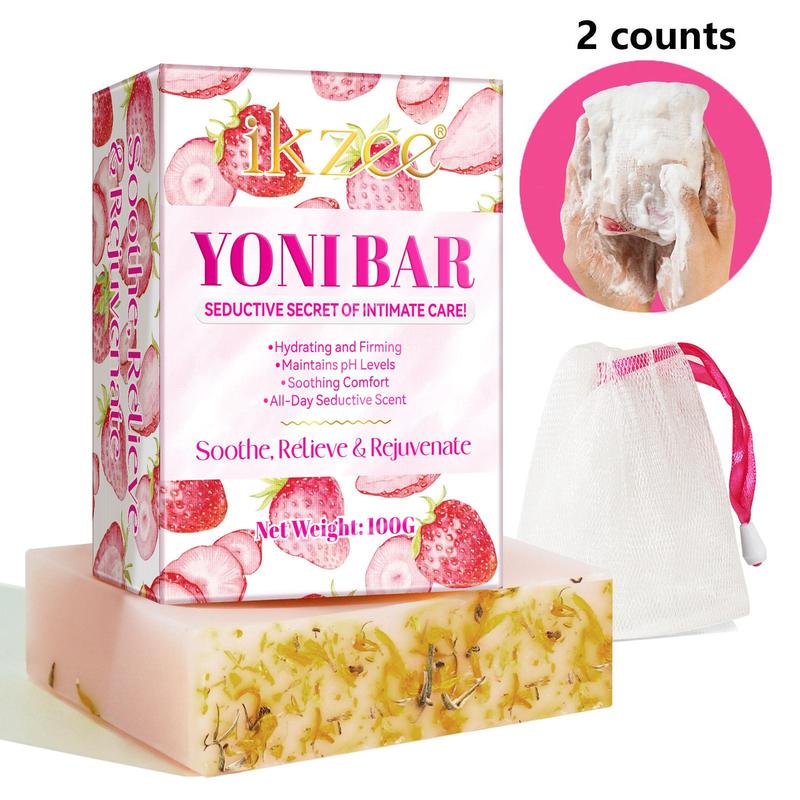 Strawberry Flavor Yoni Bar Soap for Private Parts Care, 1 Count Moisturizing Body Wash Soap with Random Color Foaming Net, Body Care Product for Women, Christmas Gift