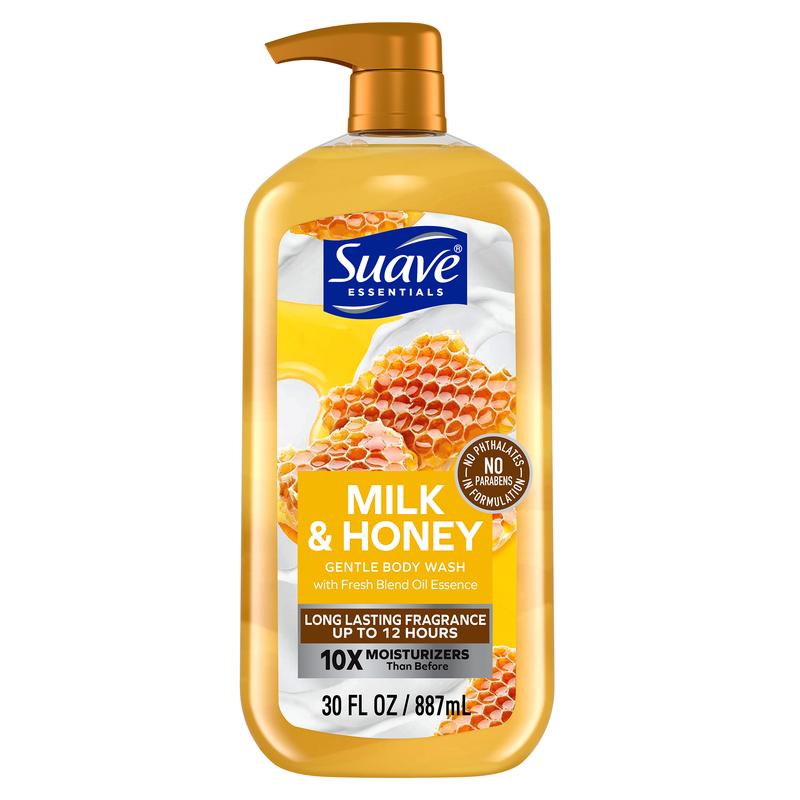 Suave Essentials Milk & Honey Body Wash, 30 oz - Moisturizing and Hydrating with Vitamin E and Honey Extracts