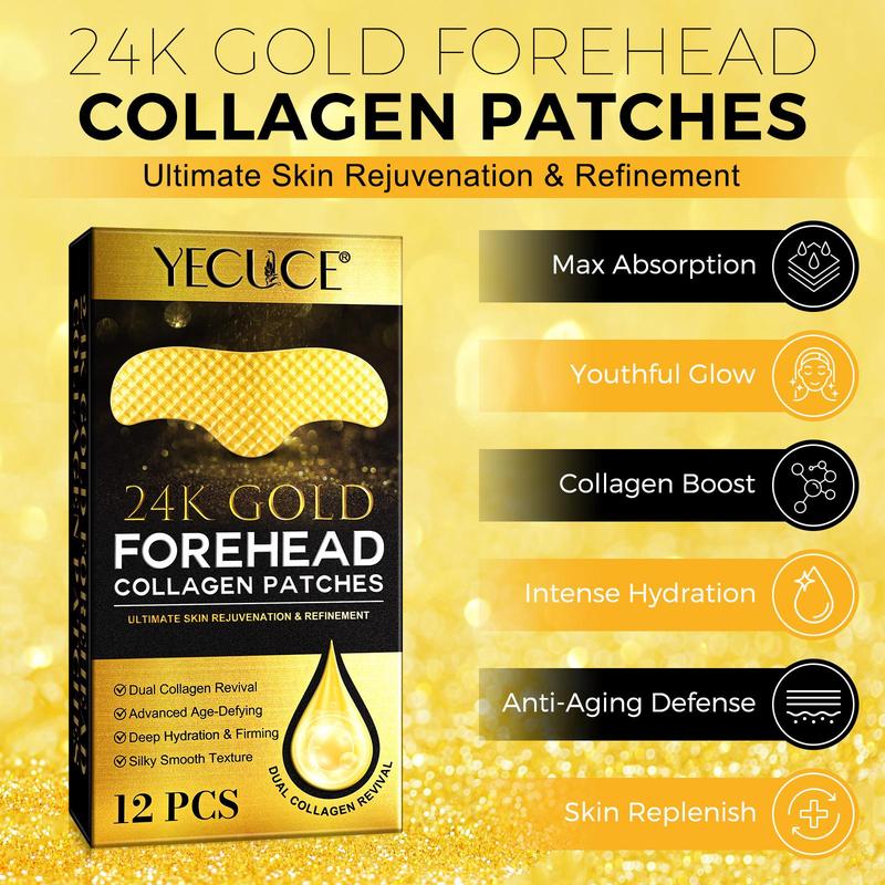 24k Gold Collagen Forehead Patches, 12pcs box Deep Hydration & Firming Forehead Patches, Facial Skin Care Products for Women & Men