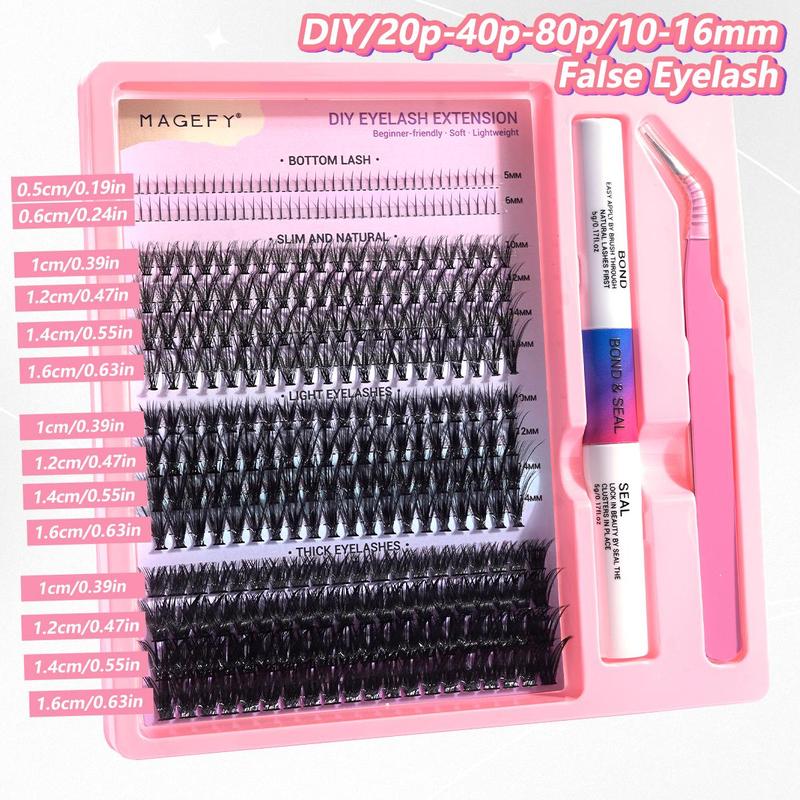 Curl Wispy Mixed Length Individual False Eyelash With Lash Bond & Tweezers Kit, 1 Set Natural Eyelash Extension, Lash Extension Kit, Self Grafting DIY Segmented Eyelash, Lash Clusters