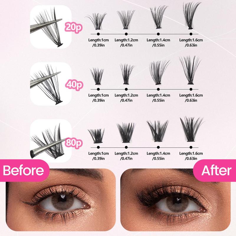 Curl Wispy Mixed Length Individual False Eyelash With Lash Bond & Tweezers Kit, 1 Set Natural Eyelash Extension, Lash Extension Kit, Self Grafting DIY Segmented Eyelash, Lash Clusters