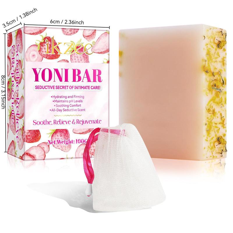 Strawberry Flavor Yoni Bar Soap for Private Parts Care, 1 Count Moisturizing Body Wash Soap with Random Color Foaming Net, Body Care Product for Women, Christmas Gift