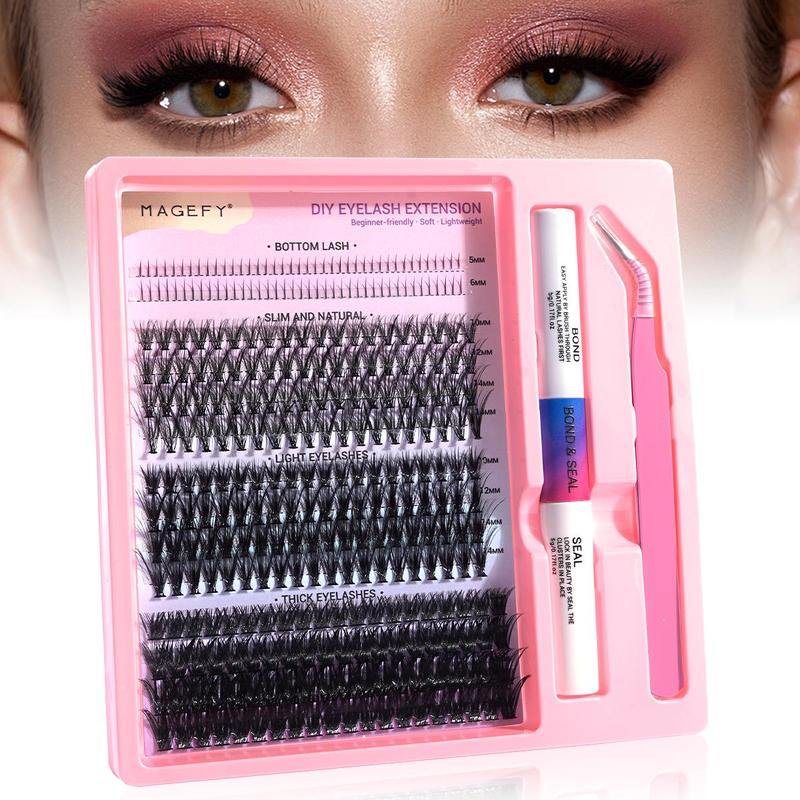 Curl Wispy Mixed Length Individual False Eyelash With Lash Bond & Tweezers Kit, 1 Set Natural Eyelash Extension, Lash Extension Kit, Self Grafting DIY Segmented Eyelash, Lash Clusters