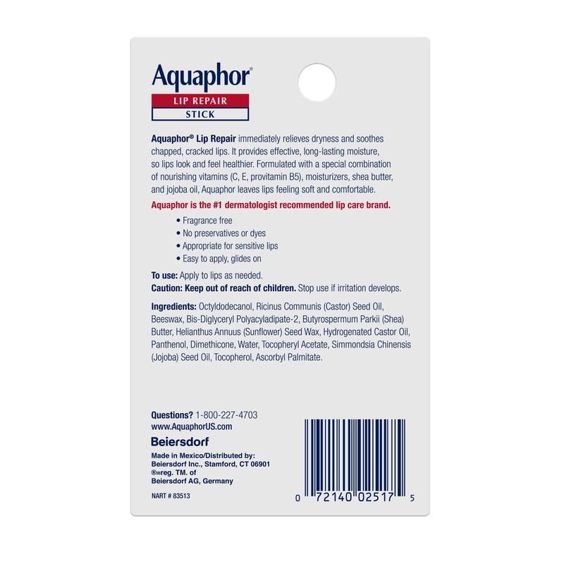 Aquaphor Lip Repair Stick Moisturizing Lip Balm for Dry and Chapped Lips, 0.17 Oz, Pack of 2