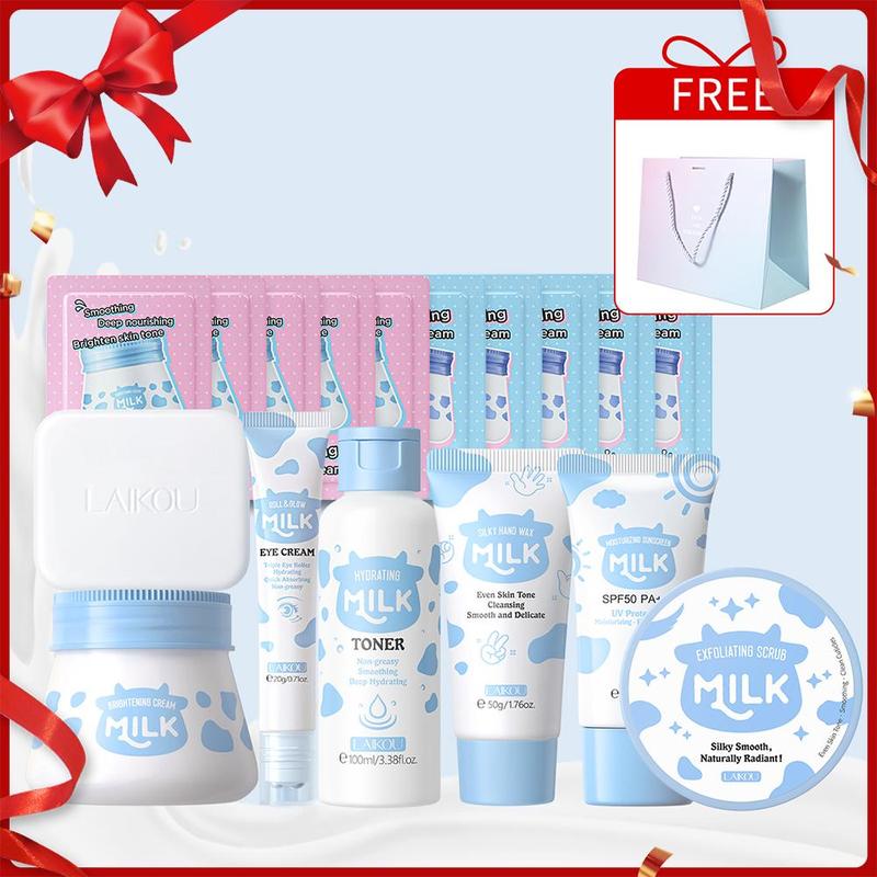 Milk Skincare Set, 1 Set Moisturizing Skin Care Kit, Including Soap, Toner, Eye Cream, Face Cream, Sunscreen, Hand Wax, Scrub, Experience Packs and Gift Bag