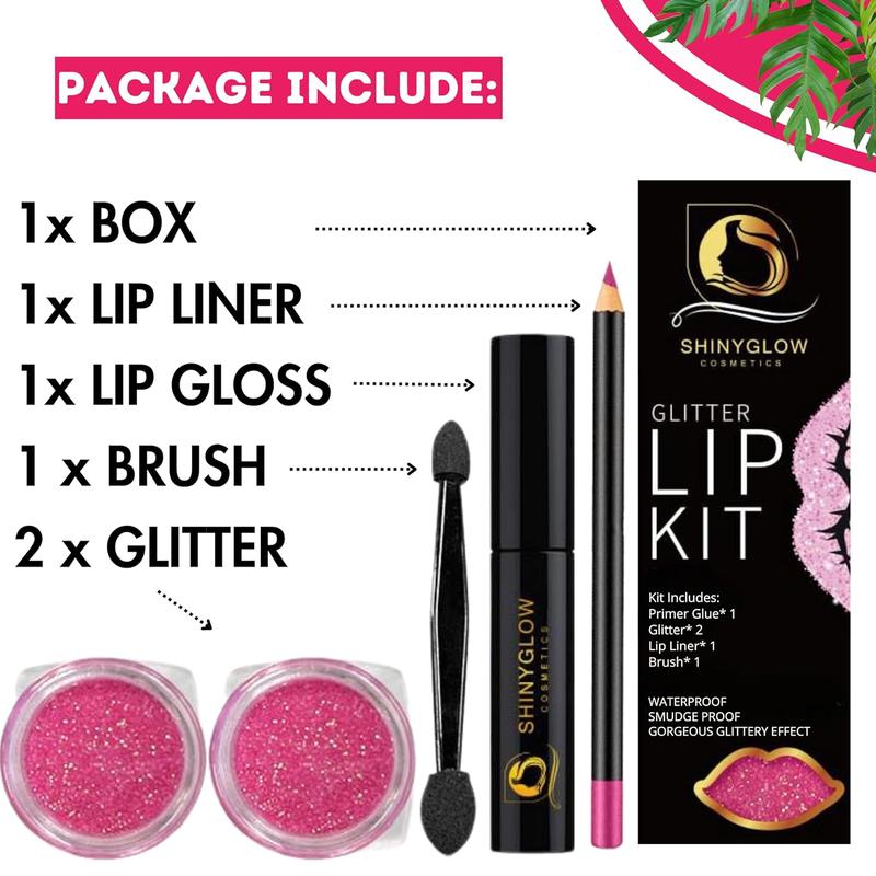 ShinyGlow Cosmetics Glitter Lip Kit- Long lasting, Water proof Smudge & Transfer-proof, Glitter Lip Gloss Get Sweetie baby pink Lips- set kit includes: 2x Glitter 1x Primar glue 1x lip liner 1x brush Face Makeup Sets Lipstick Primer Glossy care must have