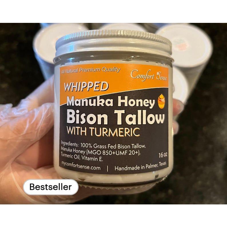 Bison Whipped Tallow with Turmeric & Manuka Honey (850+MGO Manuka Honey), Whipped Tallow, Grass fed fat, Whole body moisturizer