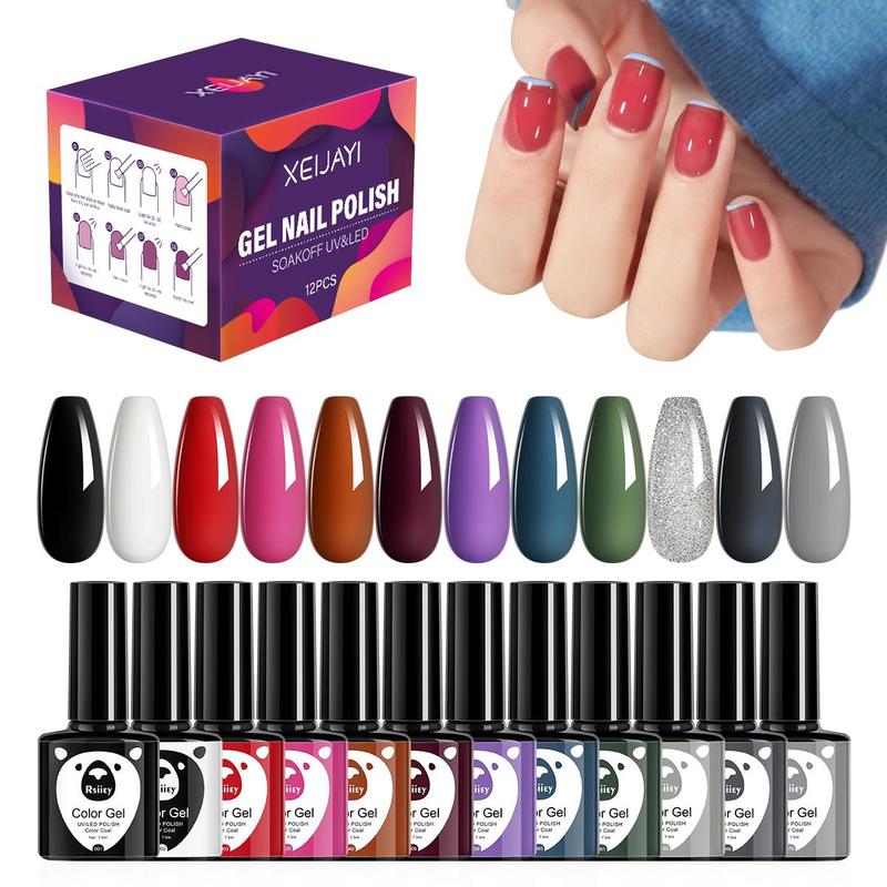 Gel Nail Polish Set, 12pcs Multicolor Nail Supplies Matte And Glitter Soak Off UV LED Color Gel, Glossy Finish DIY Nail Art for Women & Girls, Nail Art