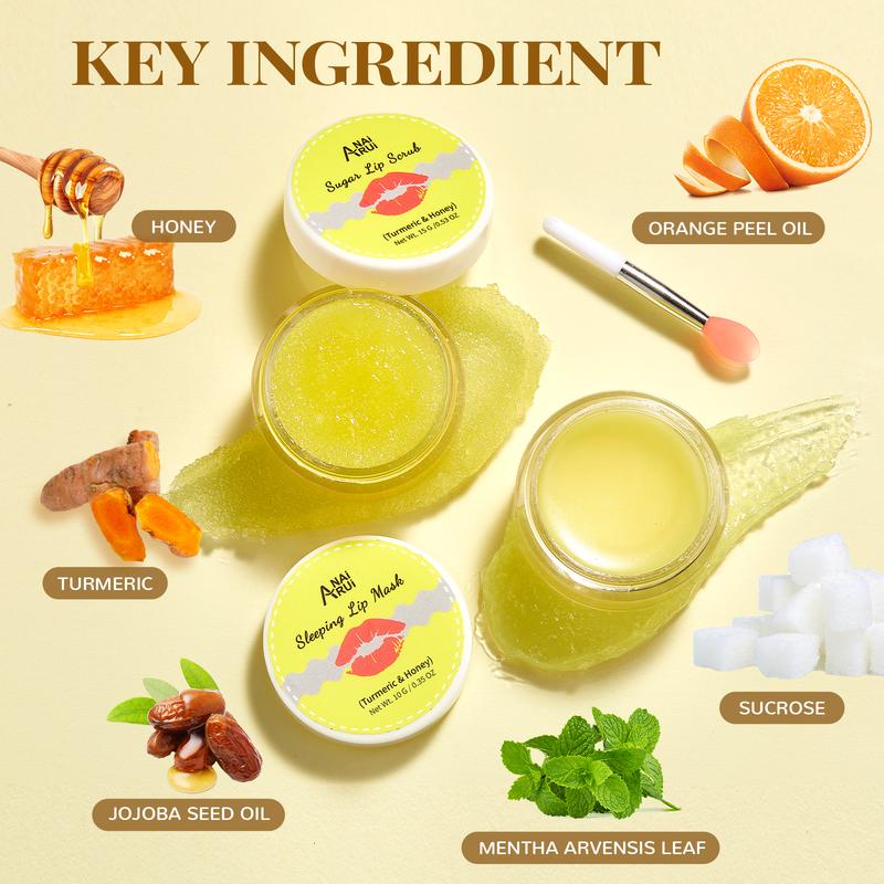 ANAiRUi Turmeric+Honey Lip Care Kit - Lip Sugar Scrub & Lip Mask - Overnight Moisturizing Mask for Dry, Chapped Lips, Skincare Lipcare Gift Set