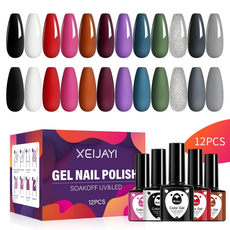 Gel Nail Polish Set, 12pcs Multicolor Nail Supplies Matte And Glitter Soak Off UV LED Color Gel, Glossy Finish DIY Nail Art for Women & Girls, Nail Art