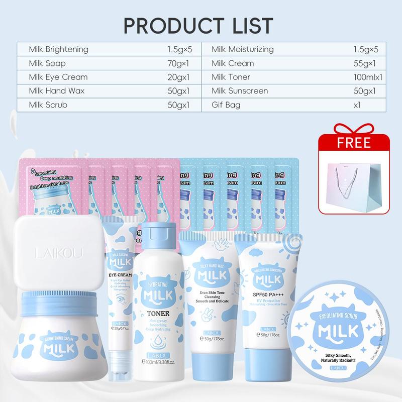 Milk Skincare Set, 1 Set Moisturizing Skin Care Kit, Including Soap, Toner, Eye Cream, Face Cream, Sunscreen, Hand Wax, Scrub, Experience Packs and Gift Bag