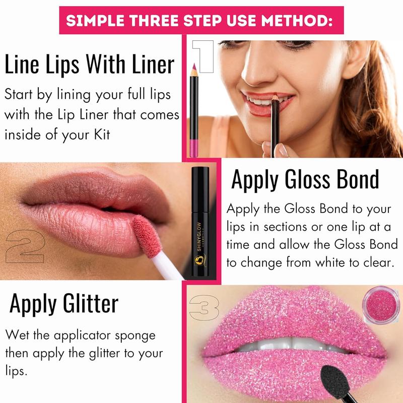 ShinyGlow Cosmetics Glitter Lip Kit- Long lasting, Water proof Smudge & Transfer-proof, Glitter Lip Gloss Get Sweetie baby pink Lips- set kit includes: 2x Glitter 1x Primar glue 1x lip liner 1x brush Face Makeup Sets Lipstick Primer Glossy care must have