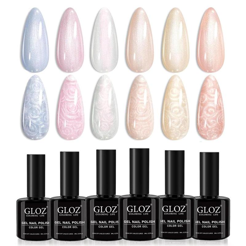 Pearl Gel Nail Gel Polish, 6 Counts 6 Colors Pastel Pink White Orange Blue Colors Gel Nail Polish, Shimmer Mermaid Glitter Soak Off UV LED Nail Gel