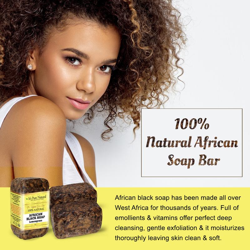 It's Pure Natural African Black Soap Bars Lemongrass (Pack of 3) Raw Soap for Face & Body  [Made in Ghana] Body Care Body Wash