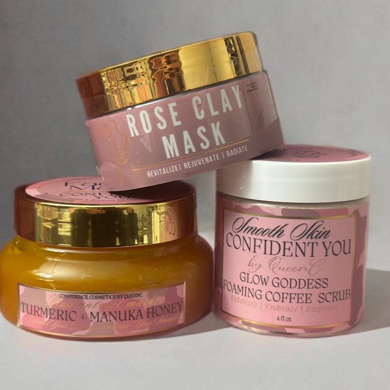 3 Face Masks Bundle Confidence Cosmetics : Turmeric + Manuka Honey Gel Mask, Rose Clay Mask, Foaming Coffee Scrub for Skin Repair - Skincare