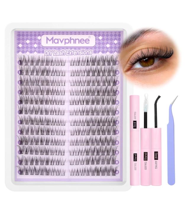 Cat Eye Lash Clusters Kit Natural Lash Extensions Kit 216 Pcs Wispy Cluster Eyelash Extensions C Curl Inidvidual Lashes Kit with Lash Bond and Seal and Tweezers by Mavphnee