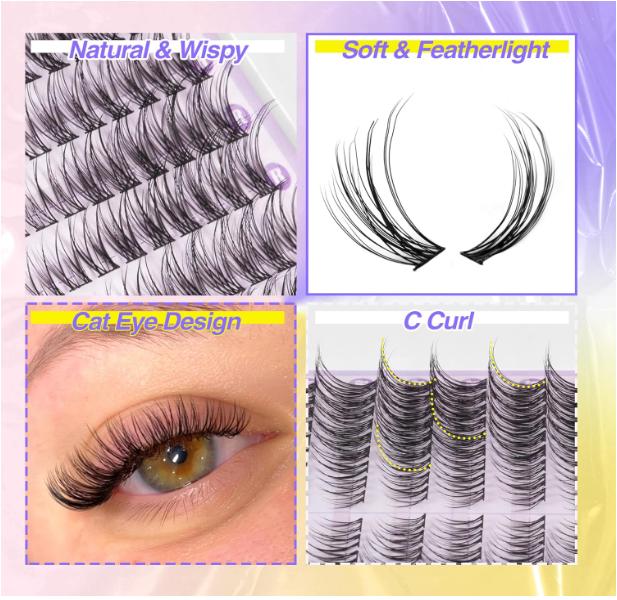 Cat Eye Lash Clusters Kit Natural Lash Extensions Kit 216 Pcs Wispy Cluster Eyelash Extensions C Curl Inidvidual Lashes Kit with Lash Bond and Seal and Tweezers by Mavphnee