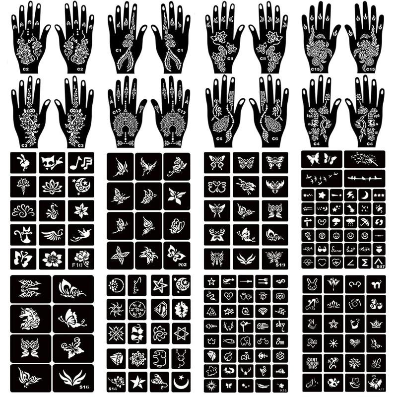 Henna Tattoo Stencil Kit 190counts, 24 Sheets Henna Stencils Reusable Temporary Indian Arabian Glitter Airbrush Tattoo Stencils for Face Body Paint DIY