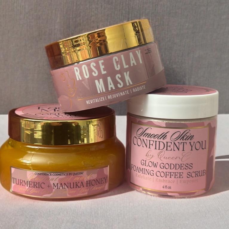 3 Face Masks Bundle Confidence Cosmetics : Turmeric + Manuka Honey Gel Mask, Rose Clay Mask, Foaming Coffee Scrub for Skin Repair - Skincare