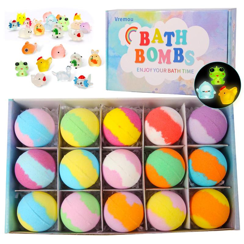 Bath Bomb Set, 15pcs box Colorful Shower Ball with Luminous Surprised Toys Inside, Moisturizing Body Wash Ball, Bath & Body Care Product for Women & Men, Christmas Gift