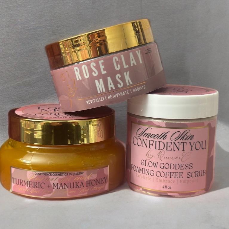 3 Face Masks Bundle Confidence Cosmetics : Turmeric + Manuka Honey Gel Mask, Rose Clay Mask, Foaming Coffee Scrub for Skin Repair - Skincare