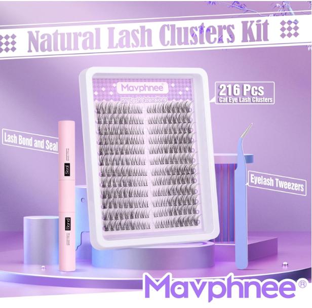 Cat Eye Lash Clusters Kit Natural Lash Extensions Kit 216 Pcs Wispy Cluster Eyelash Extensions C Curl Inidvidual Lashes Kit with Lash Bond and Seal and Tweezers by Mavphnee