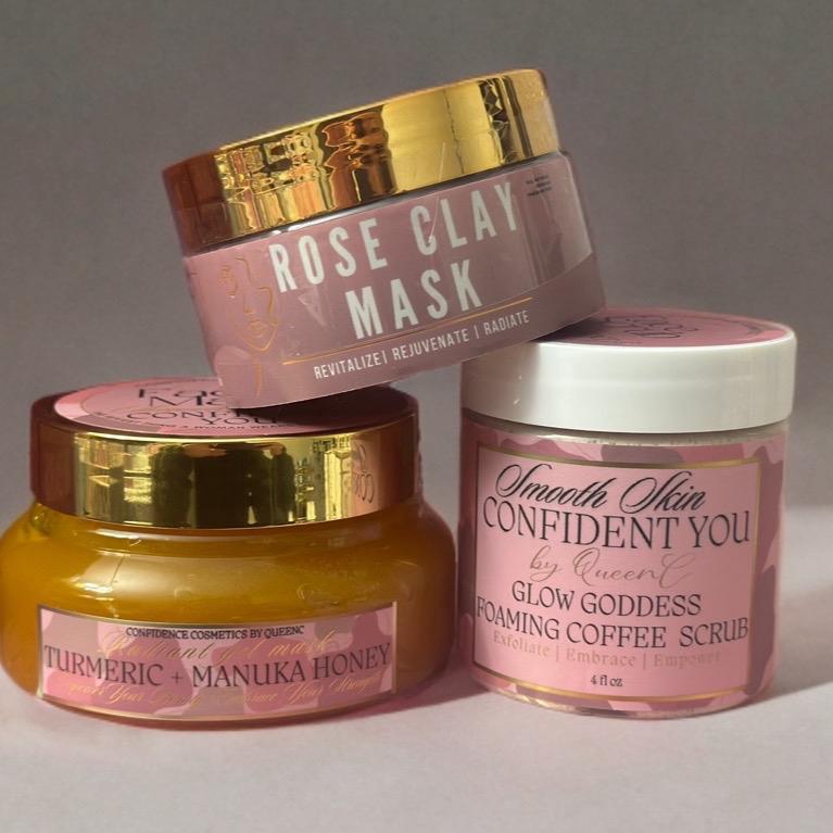 3 Face Masks Bundle Confidence Cosmetics : Turmeric + Manuka Honey Gel Mask, Rose Clay Mask, Foaming Coffee Scrub for Skin Repair - Skincare