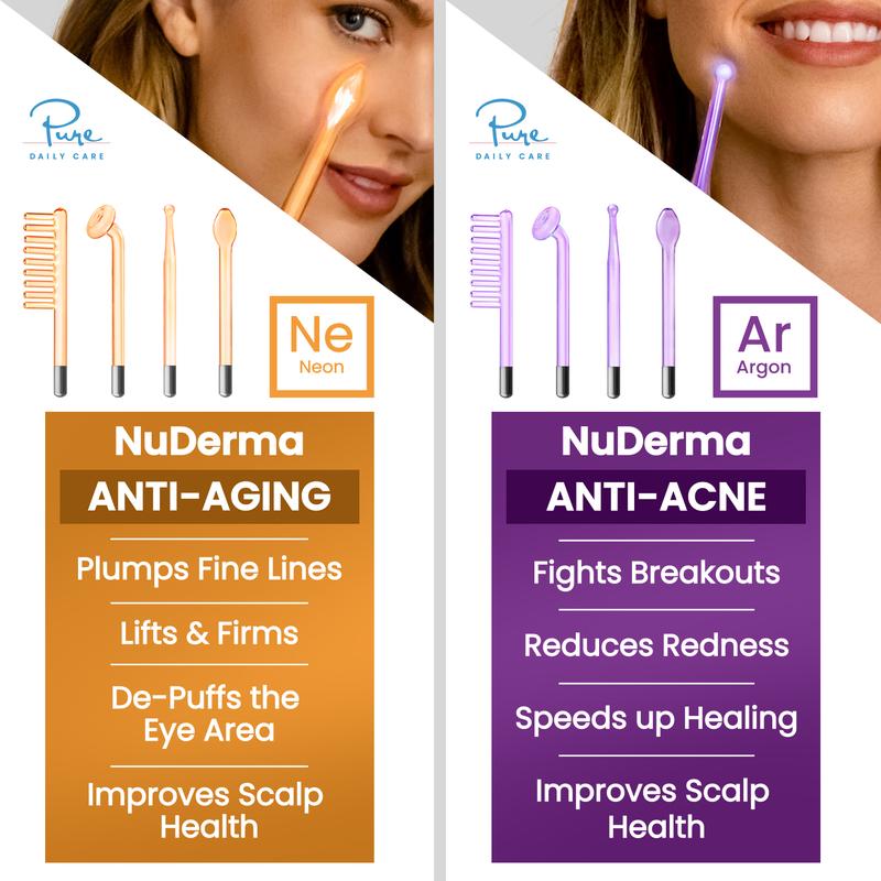 NuDerma Standard High Frequency Wand for Anti-Aging and Anti-Acne Neon Argon Gas by Pure Daily Care