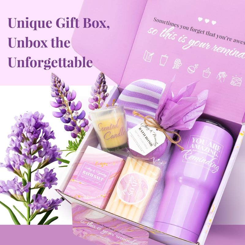 Luxury 7 Pcs Lavender Bath Set for Birthday with a Stainless Steel Tumbler - Spa Gift Sets for Women, Sister, Mom, Friends - Comfort, Body Care