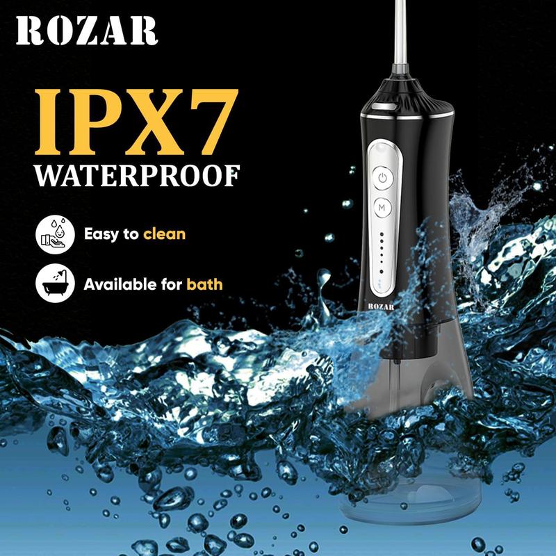 ROZAR Water Dental Flosser Pick for Teeth, 5 Modes Cordless Portable 300ML Larger Water Tank Oral Irrigator IPX7 Waterproof 5 Jet Tips for Home & Travel Black