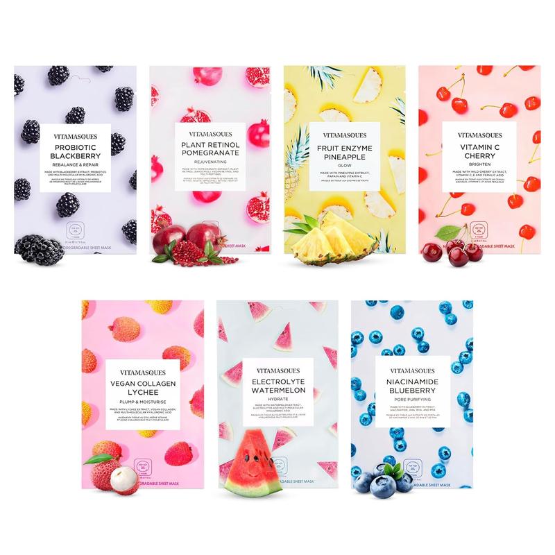 Vitamasques Face Masks Skincare Sheet Kit, 7-Pack - Juicy Collection of Triple-Layer Sheet Facial Masks - Pore Purifying, Brightening, and Hydrating