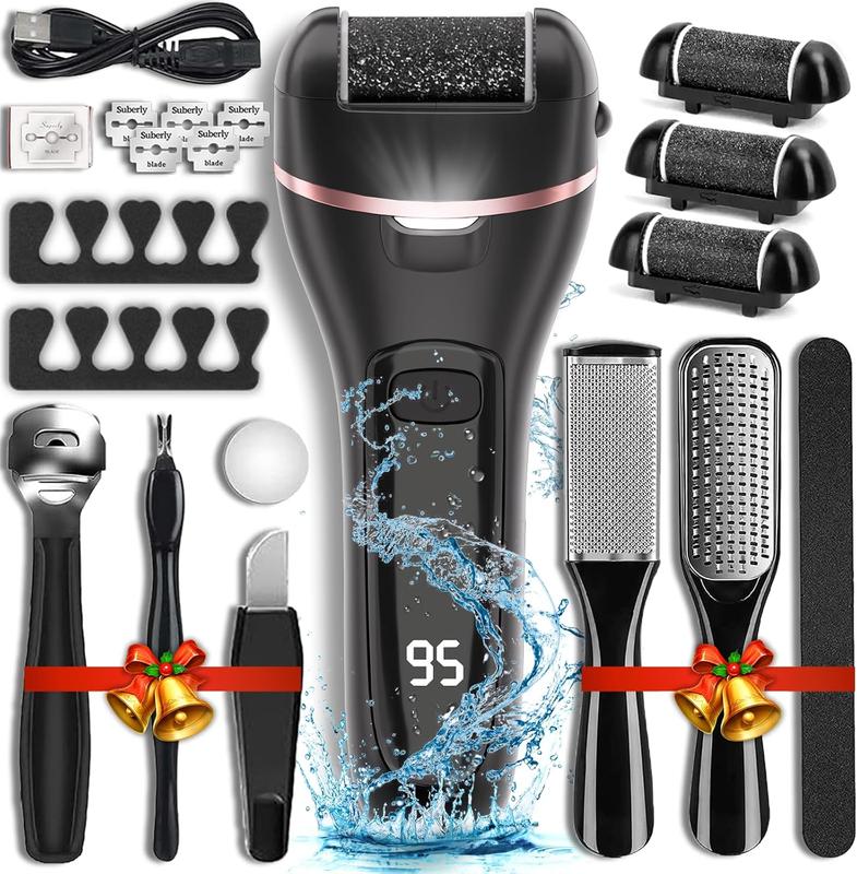 Electric Callus Remover for  with 3 Roller Heads 2 Speed Rechargeable  Professional Pedicure Kit 17 in 1 Foot File Tools  for Dead Hard Cracked Dry