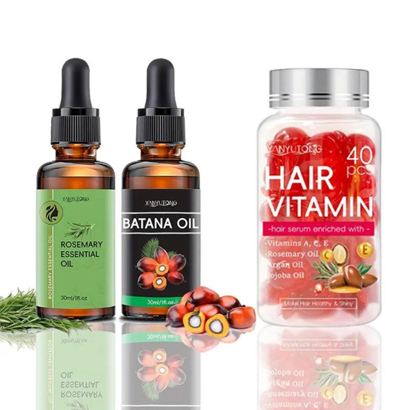 Hair Care Oil Set, 3 Boxes Rosemary Essential Oil & Batana Oil & Vitamin Capsules, Moisturizing Hair Care Product for Women & Men