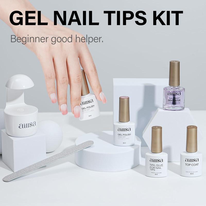 AILLSA Gel Nail Kit Short Square Acrylic Nail Tips 240pcs with 2In1 Nail Glue Base Coat Nail Dehyrator UV Light Jelly Gel Polish Top Coat Nail Tools for Beginner DIY at Home Nail Care Manicure Comfort Cutics Fall Nails Fashion gelx Nail Birthday Gift