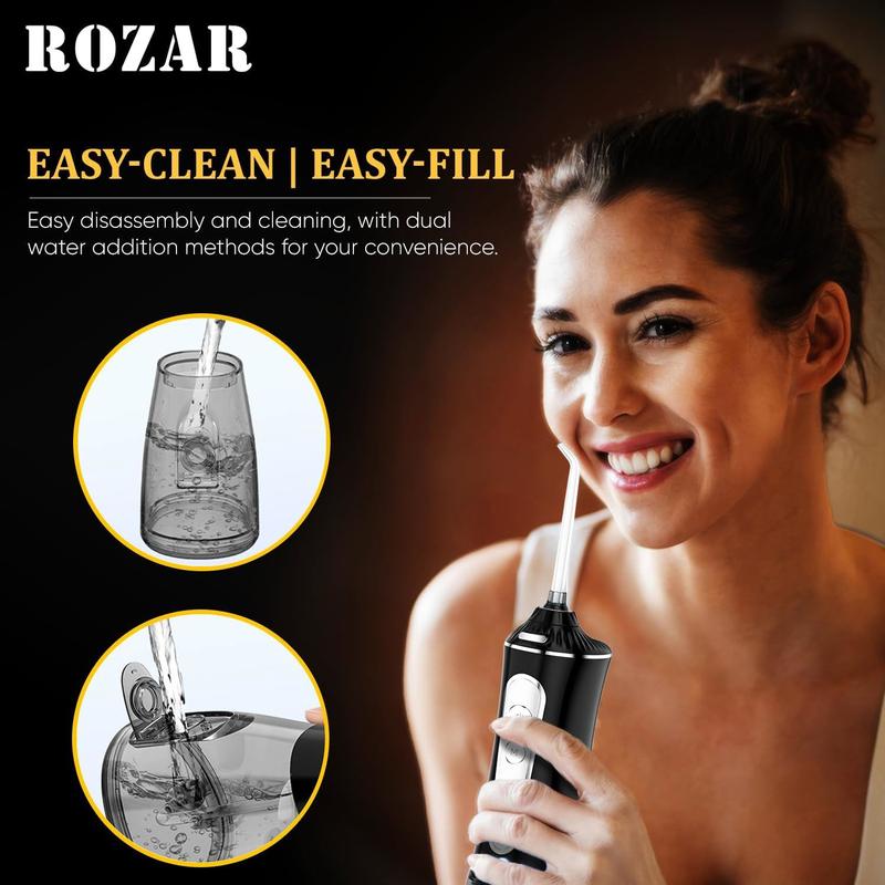 ROZAR Water Dental Flosser Pick for Teeth, 5 Modes Cordless Portable 300ML Larger Water Tank Oral Irrigator IPX7 Waterproof 5 Jet Tips for Home & Travel Black