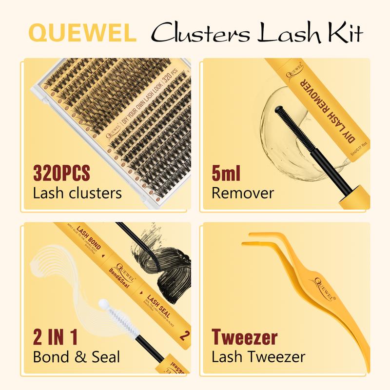 QUEWEL DIY Lash Clusters Kit, Super Value Clusters Pack, Waterproof Lash Bond and Seal with Remover, DIY Eyelash Extension at Home Makeup Cosmetic Makeup Cosmetic