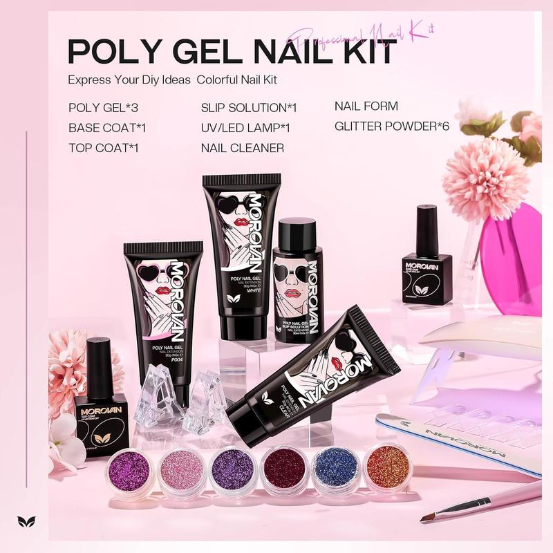 Morovan Poly Gel Nail Kit: 1OZ Large Capacity Poly Nail Gel Kit with UV Light - Clear Pink Poly Extension Gel for Beginners with Everything All In One Poly Gel Kits for Nail Manicure Starter