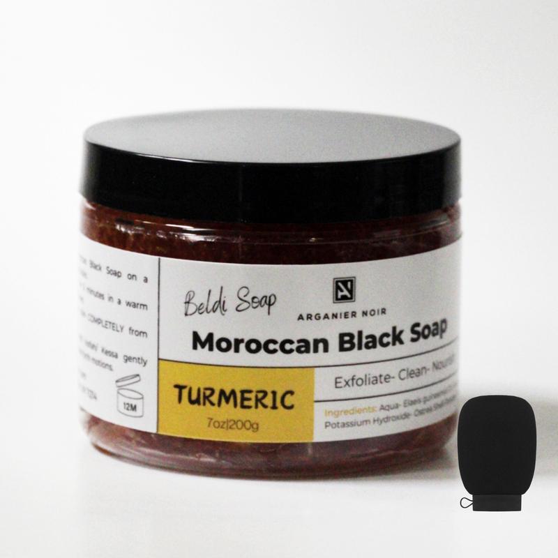 Moroccan Black Soap with Turmeric + Kessa Glove| Hammam Pack to exfoliate, deep clean and even skin tone.