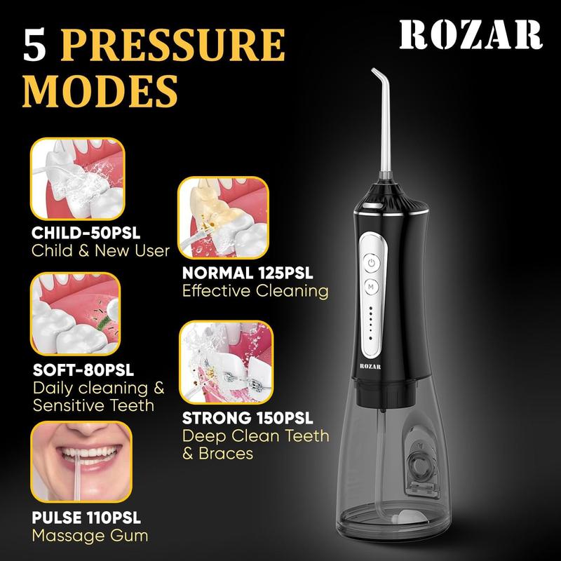 ROZAR Water Dental Flosser Pick for Teeth, 5 Modes Cordless Portable 300ML Larger Water Tank Oral Irrigator IPX7 Waterproof 5 Jet Tips for Home & Travel Black