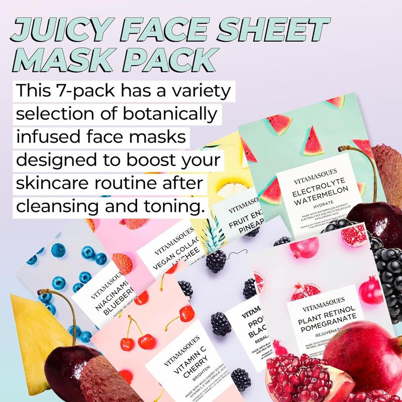 Vitamasques Face Masks Skincare Sheet Kit, 7-Pack - Juicy Collection of Triple-Layer Sheet Facial Masks - Pore Purifying, Brightening, and Hydrating