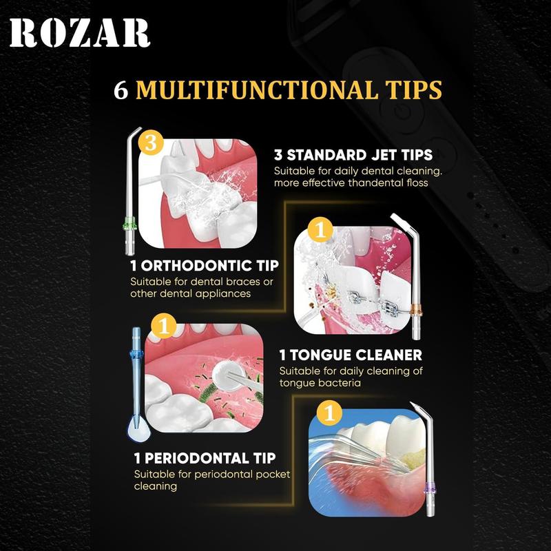 ROZAR Water Dental Flosser Pick for Teeth, 5 Modes Cordless Portable 300ML Larger Water Tank Oral Irrigator IPX7 Waterproof 5 Jet Tips for Home & Travel Black