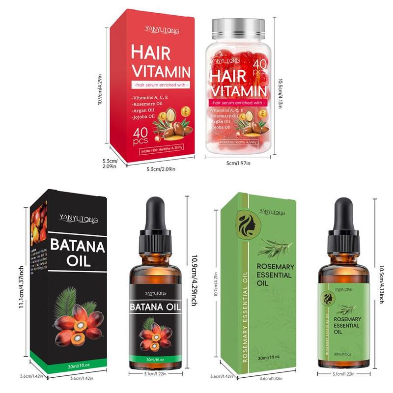 Hair Care Oil Set, 3 Boxes Rosemary Essential Oil & Batana Oil & Vitamin Capsules, Moisturizing Hair Care Product for Women & Men