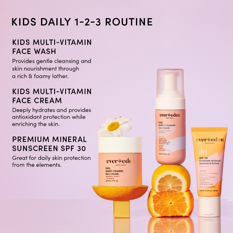 Evereden Kids Daily 1-2-3 Routine - Clean, Safe Ingredients for Pre-Teens - Face Wash, Face Cream, Mineral SPF 30, Free Body Lotion Cleanser Skincare