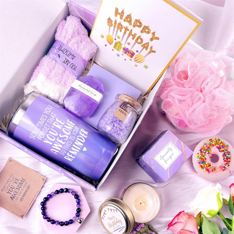 Birthday Gifts for Women, Happy Birthday Relaxing Spa Gifts Basket for Women, Purple Gift Box Set for Mom Sister Female Friends Wife Girlfriend Daughter, Unique Gifts for Women Who Have Everything