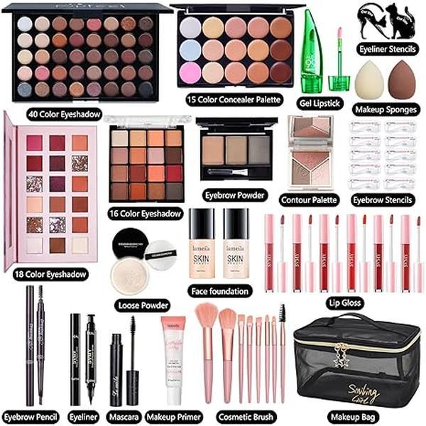 All in One Makeup Kit for Women Full Kit, Make Up Gift Set for Women, Makeup Essential Bundle Includes Foundation Face Primer Eyeshadow Contour Palette Lipstick Eyeliner Mascara Cosmetic Brush Set Concealer Daily