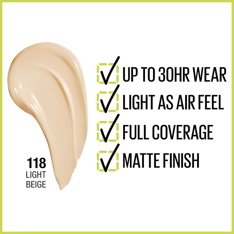 Super Stay Full Coverage Liquid Foundation Active Wear Makeup, Up to 30Hr Wear, Transfer, Sweat & Water Resistant, Matte Finish, Light Beige, 1 Count